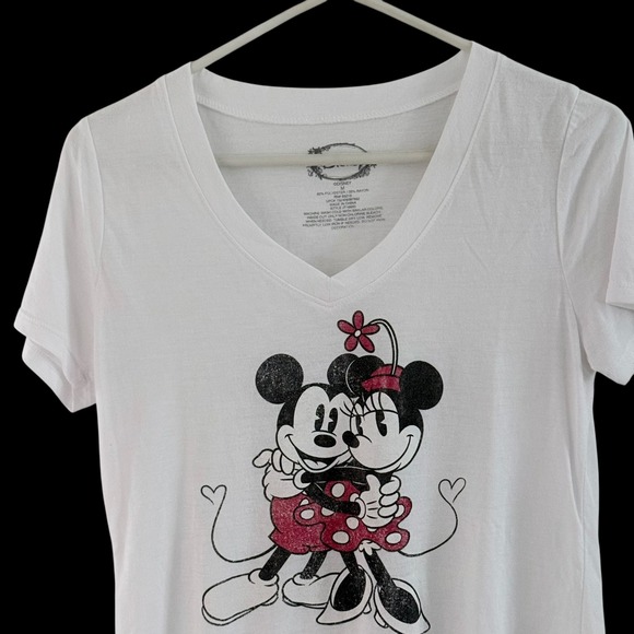 Disney‎ Women's M White V-Neck T-Shirt Mickey Minnie Mouse Graphic Short Sleeve - Picture 10 of 13